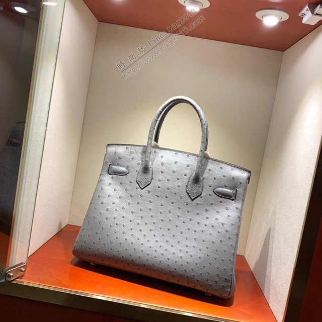 Hermes女包 愛馬仕Birkin30cm Hermes鉑金包 Ostrich鴕鳥皮 全手縫蠟線 19 Mousse慕斯灰  am1894